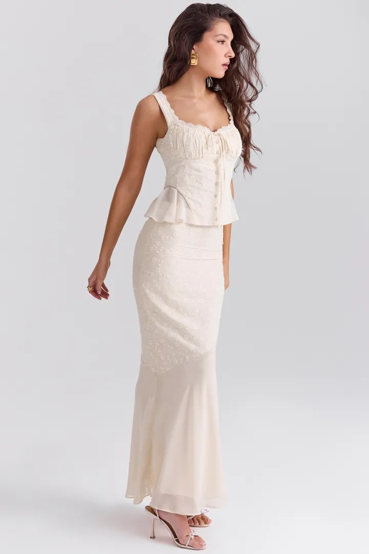 VINTAGE CREAM COTTON BRODERIE ANGLAIS MAXI SKIRT SET (TOP+SKIRT)
