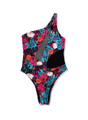 Kara Mesh One Shouder One Piece Swimsuit - My Private Jet Black
