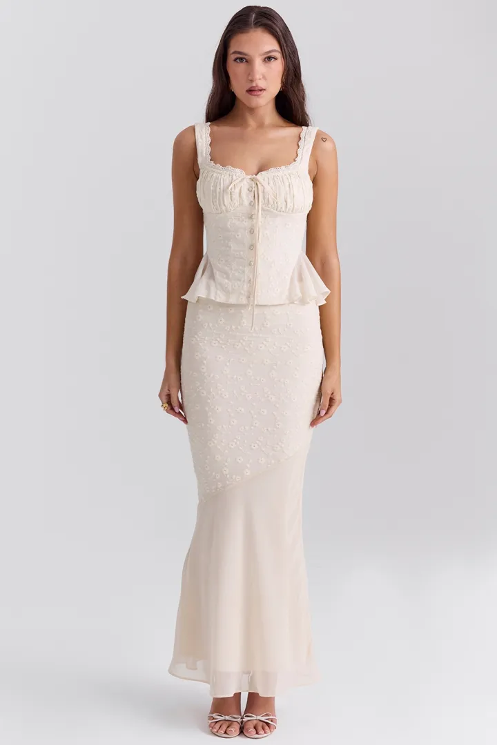VINTAGE CREAM COTTON BRODERIE ANGLAIS MAXI SKIRT SET (TOP+SKIRT)