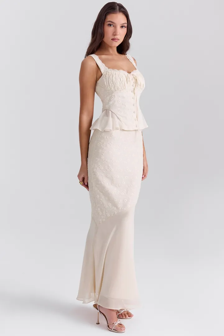 VINTAGE CREAM COTTON BRODERIE ANGLAIS MAXI SKIRT SET (TOP+SKIRT)