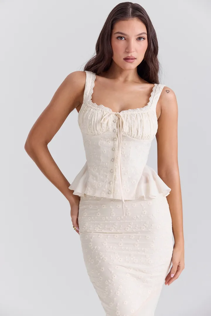 VINTAGE CREAM COTTON BRODERIE ANGLAIS MAXI SKIRT SET (TOP+SKIRT)