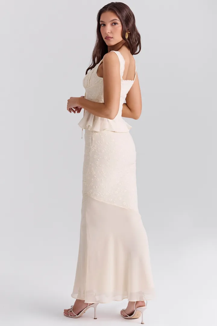 VINTAGE CREAM COTTON BRODERIE ANGLAIS MAXI SKIRT SET (TOP+SKIRT)