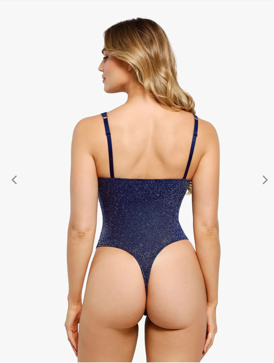 Shapewear Ruched Metallic Knit Square Neck Slimming Bodysuit