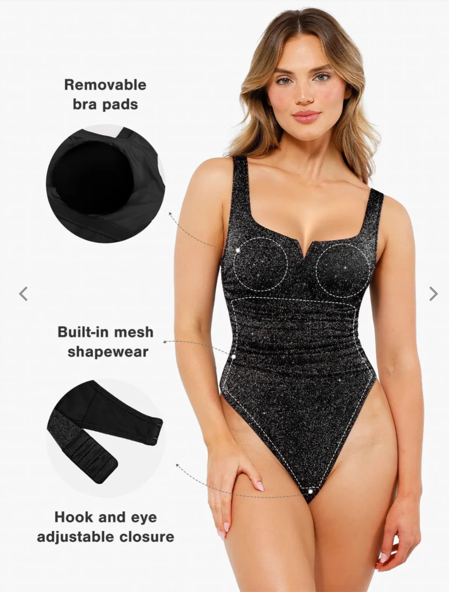 Shapewear Ruched Metallic Knit Square Neck Slimming Bodysuit