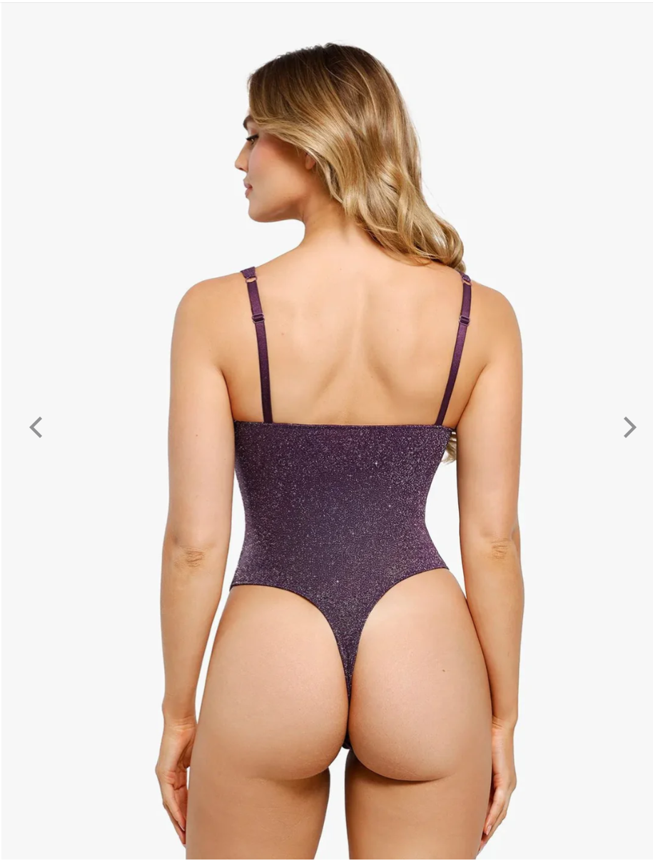 Shapewear Ruched Metallic Knit Square Neck Slimming Bodysuit