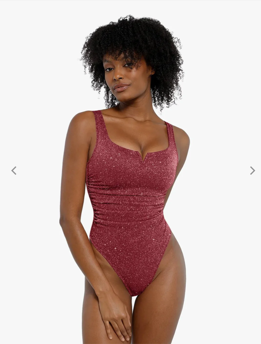Shapewear Ruched Metallic Knit Square Neck Slimming Bodysuit