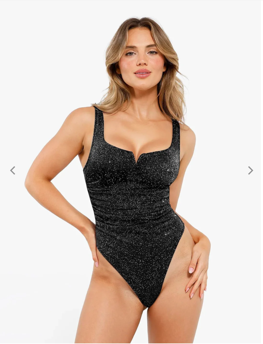 Shapewear Ruched Metallic Knit Square Neck Slimming Bodysuit