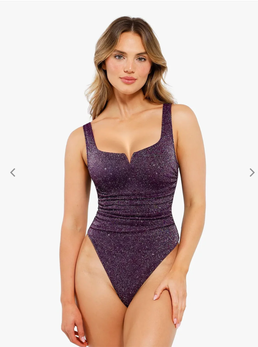 Shapewear Ruched Metallic Knit Square Neck Slimming Bodysuit