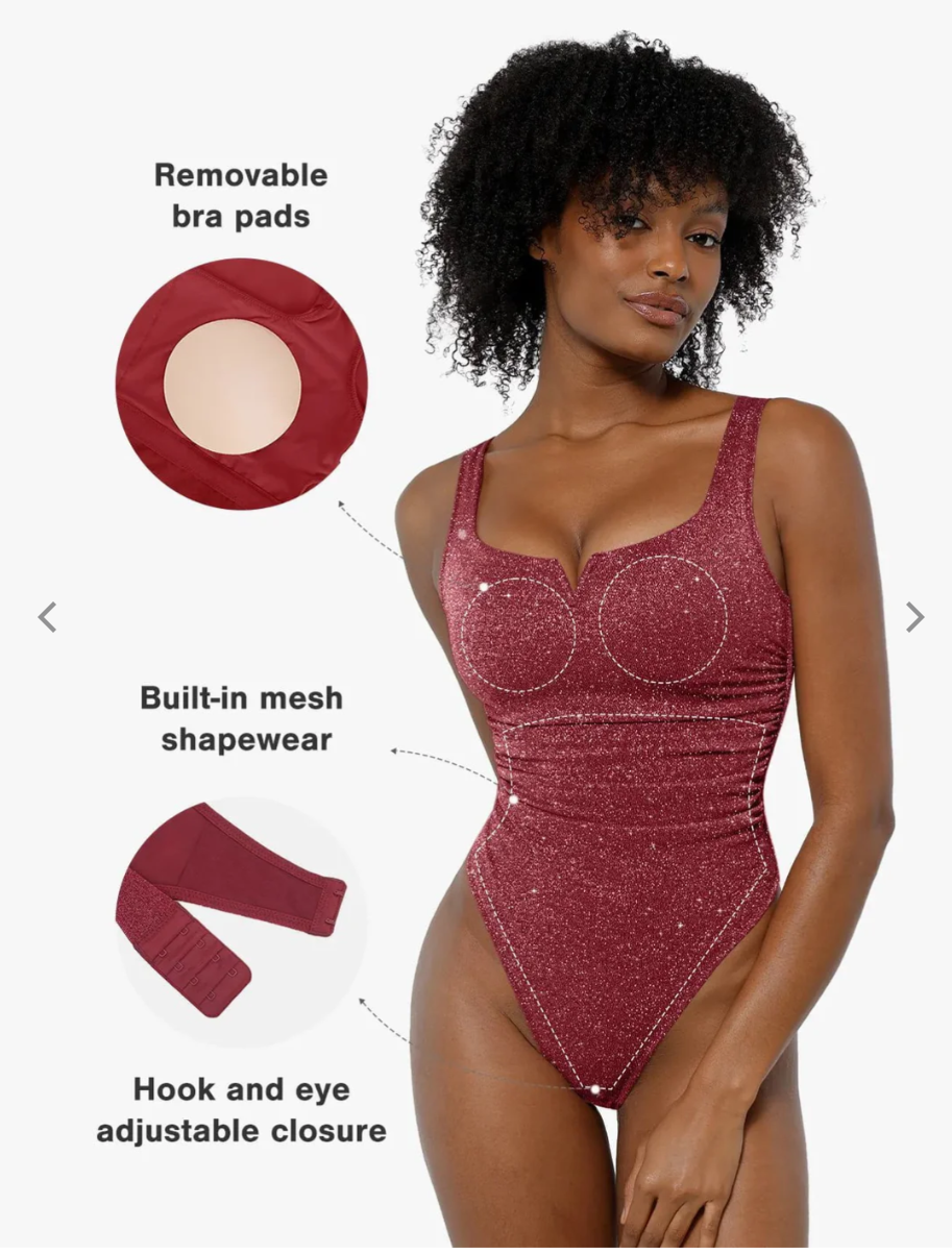 Shapewear Ruched Metallic Knit Square Neck Slimming Bodysuit