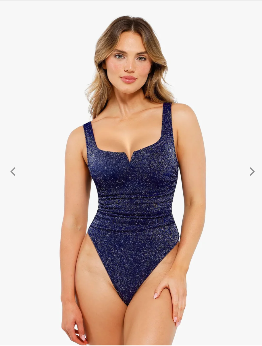 Shapewear Ruched Metallic Knit Square Neck Slimming Bodysuit