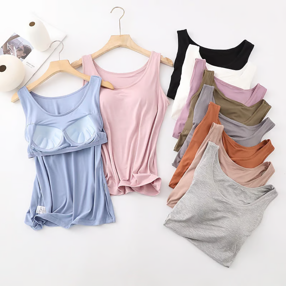 Women's Tank Top with Built-In Bra, Sleeveless Casual Basic Round Neck Regular