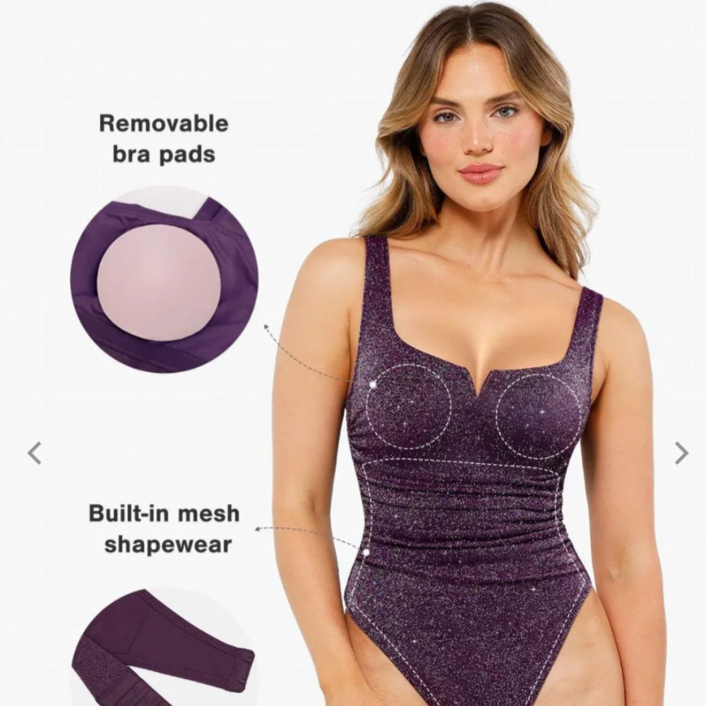 Shapewear Ruched Metallic Knit Square Neck Slimming Bodysuit