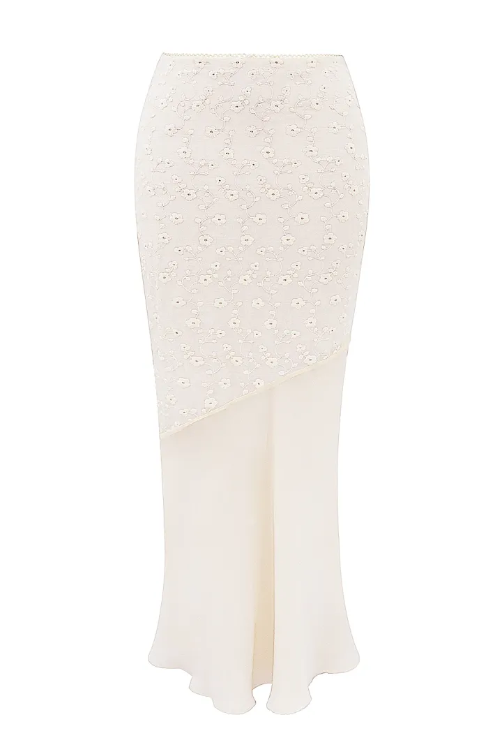 VINTAGE CREAM COTTON BRODERIE ANGLAIS MAXI SKIRT SET (TOP+SKIRT)