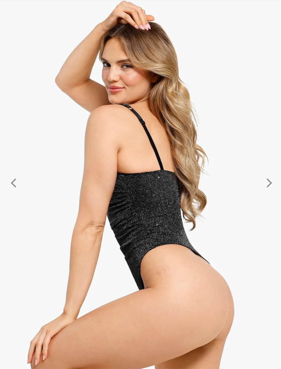 Shapewear Ruched Metallic Knit Square Neck Slimming Bodysuit