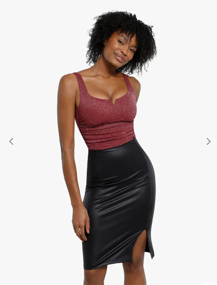 Shapewear Ruched Metallic Knit Square Neck Slimming Bodysuit