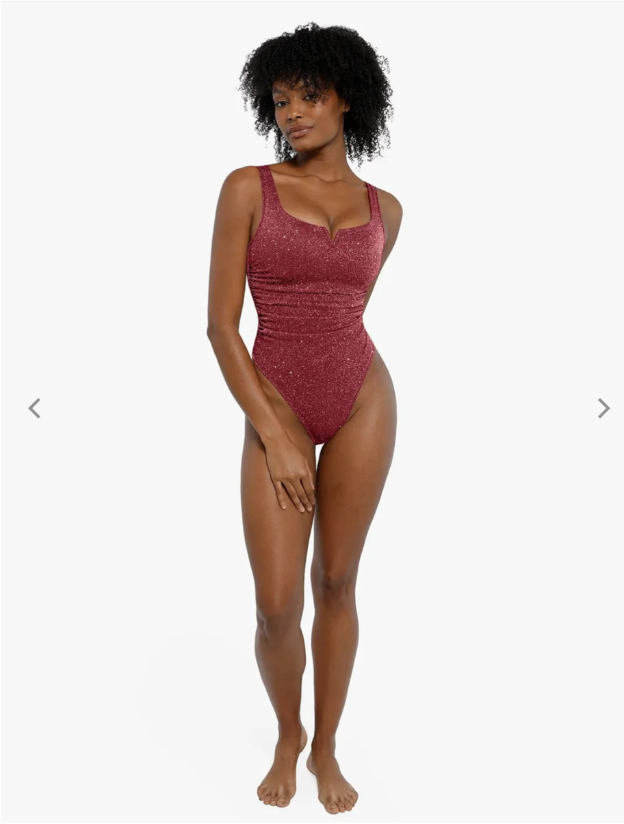 Shapewear Ruched Metallic Knit Square Neck Slimming Bodysuit