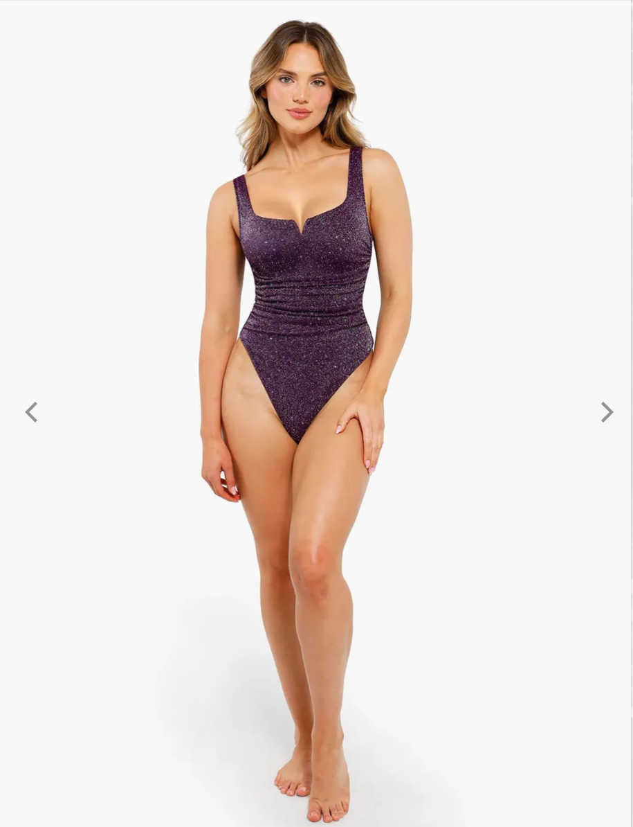 Shapewear Ruched Metallic Knit Square Neck Slimming Bodysuit