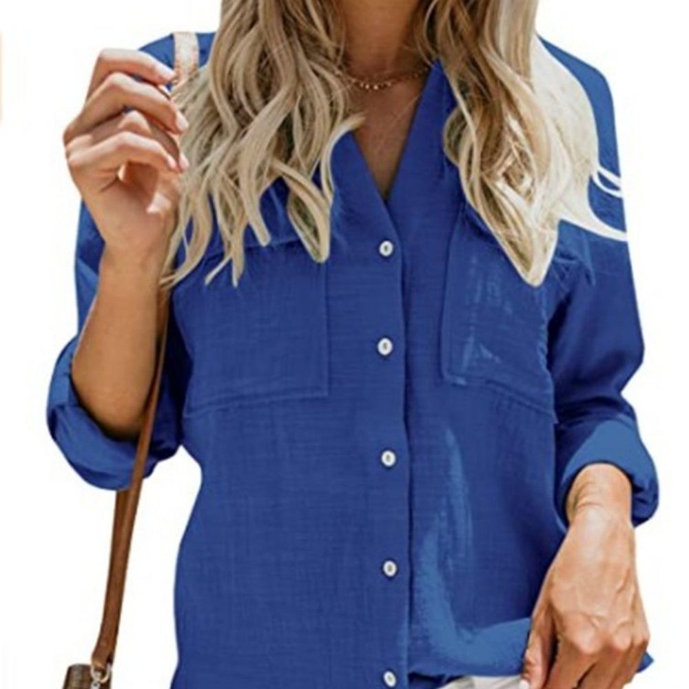 Lapel Solid Color Bottoming Cardigan Women's Pocket Button Decoration Casual Fashion Long Sleeve T-Shirt