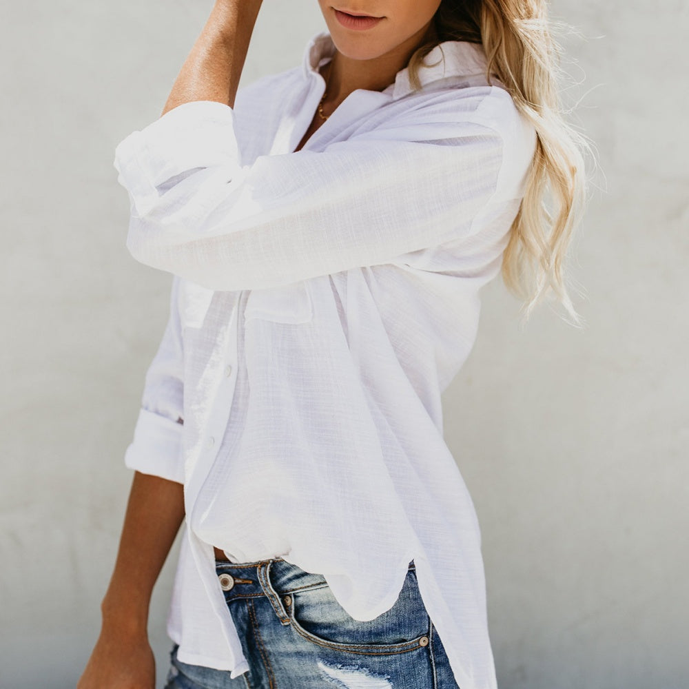 Lapel Solid Color Bottoming Cardigan Women's Pocket Button Decoration Casual Fashion Long Sleeve T-Shirt