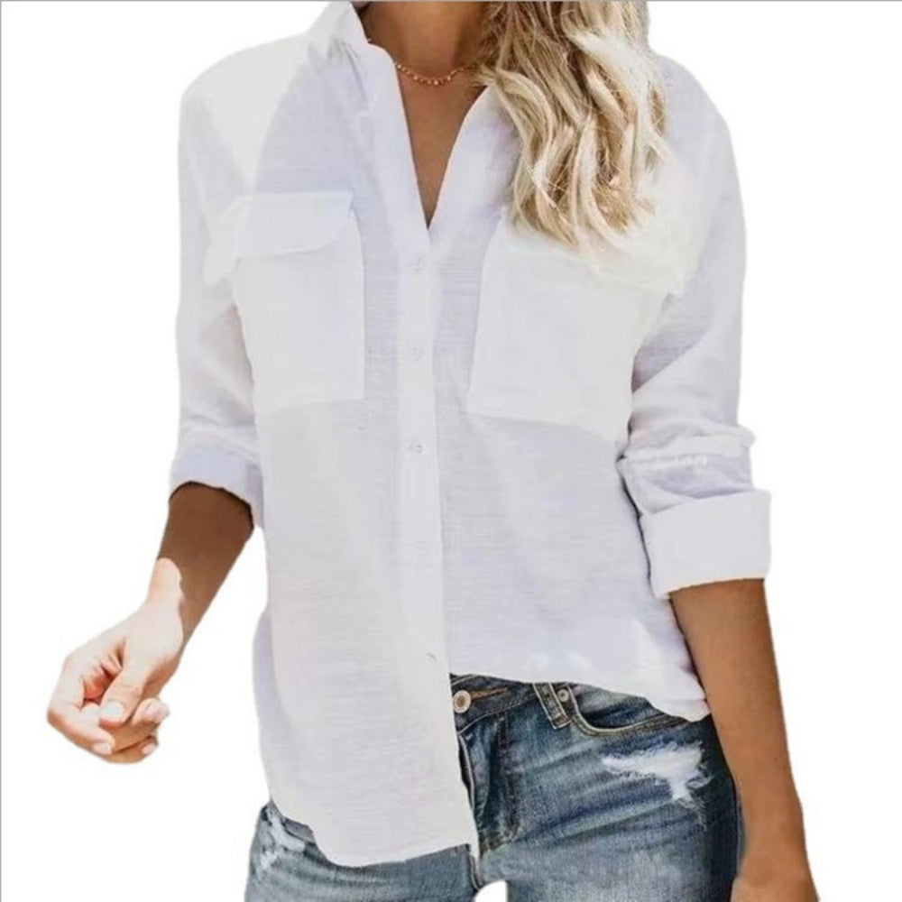 Lapel Solid Color Bottoming Cardigan Women's Pocket Button Decoration Casual Fashion Long Sleeve T-Shirt