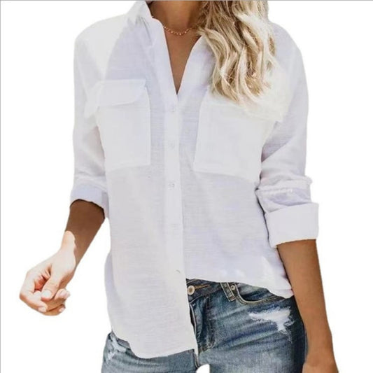 Lapel Solid Color Bottoming Cardigan Women's Pocket Button Decoration Casual Fashion Long Sleeve T-Shirt