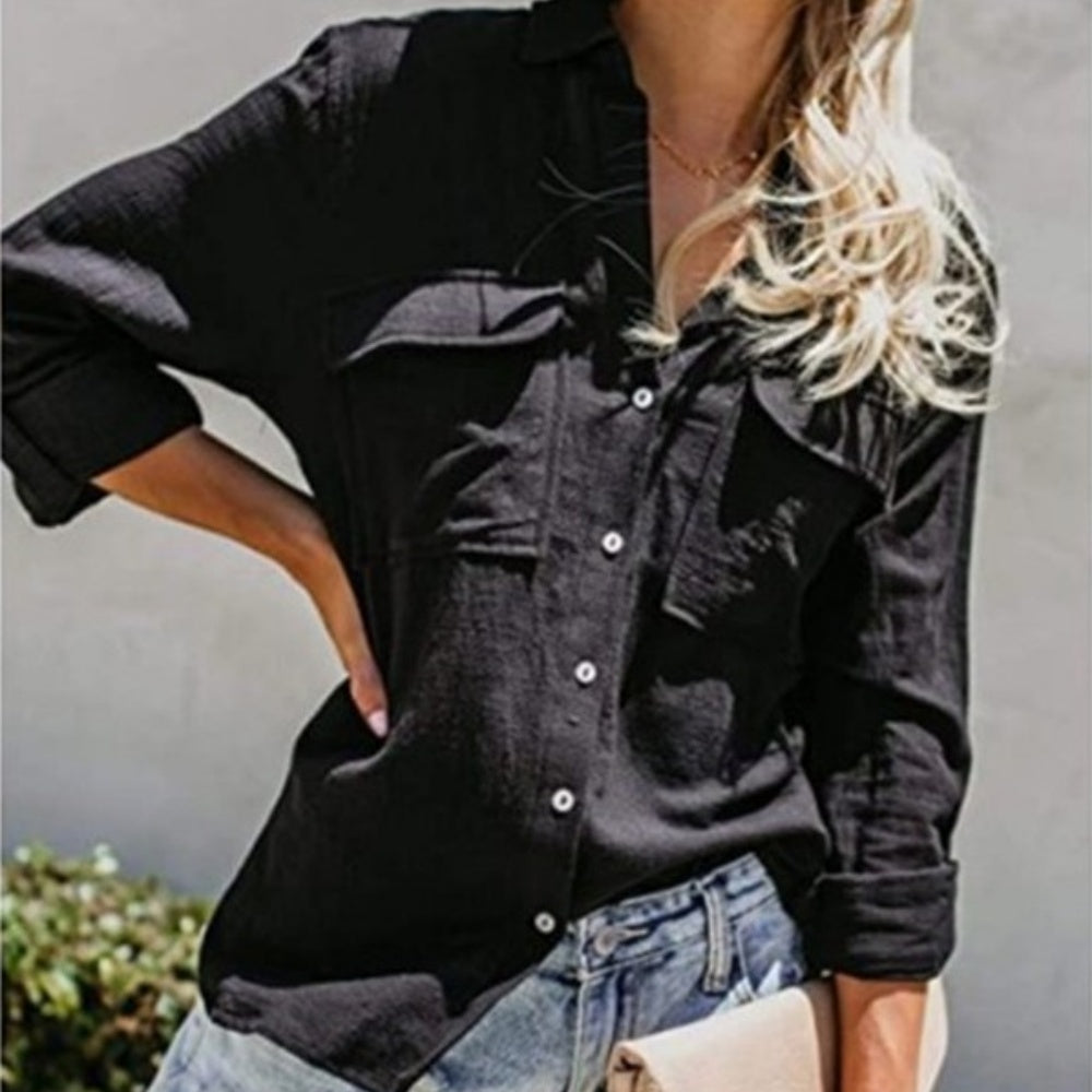Lapel Solid Color Bottoming Cardigan Women's Pocket Button Decoration Casual Fashion Long Sleeve T-Shirt