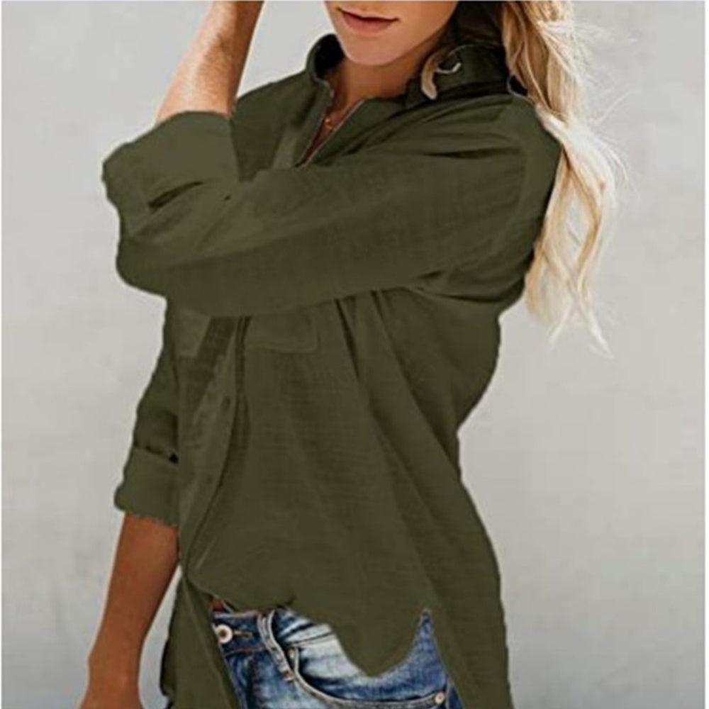 Lapel Solid Color Bottoming Cardigan Women's Pocket Button Decoration Casual Fashion Long Sleeve T-Shirt