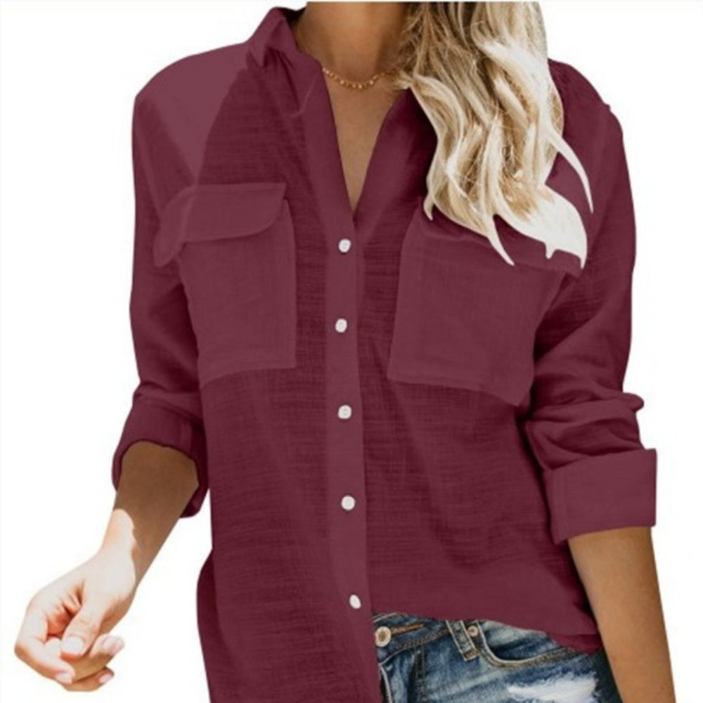 Lapel Solid Color Bottoming Cardigan Women's Pocket Button Decoration Casual Fashion Long Sleeve T-Shirt