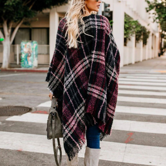 Mid-length cardigan irregular plaid tassel knitted shawl