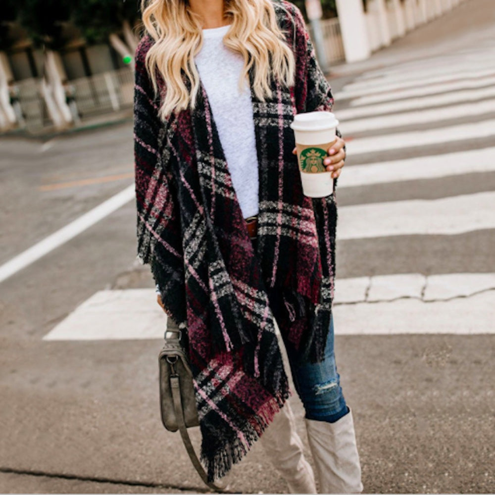 Mid-length cardigan irregular plaid tassel knitted shawl