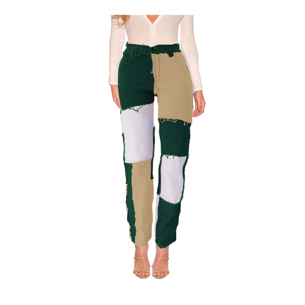 Mixed color paneled straight-leg denim trousers