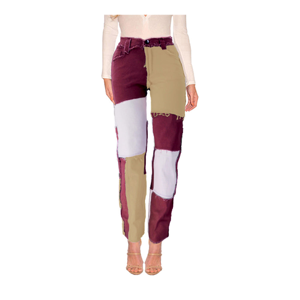 Mixed color paneled straight-leg denim trousers