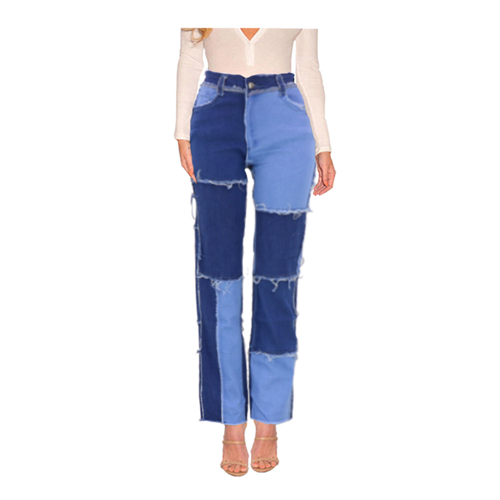 Mixed color paneled straight-leg denim trousers