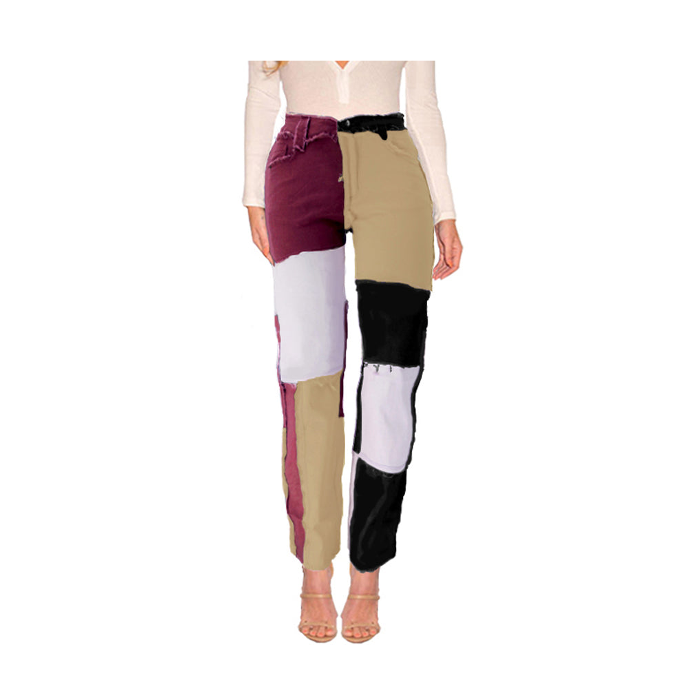 Mixed color paneled straight-leg denim trousers