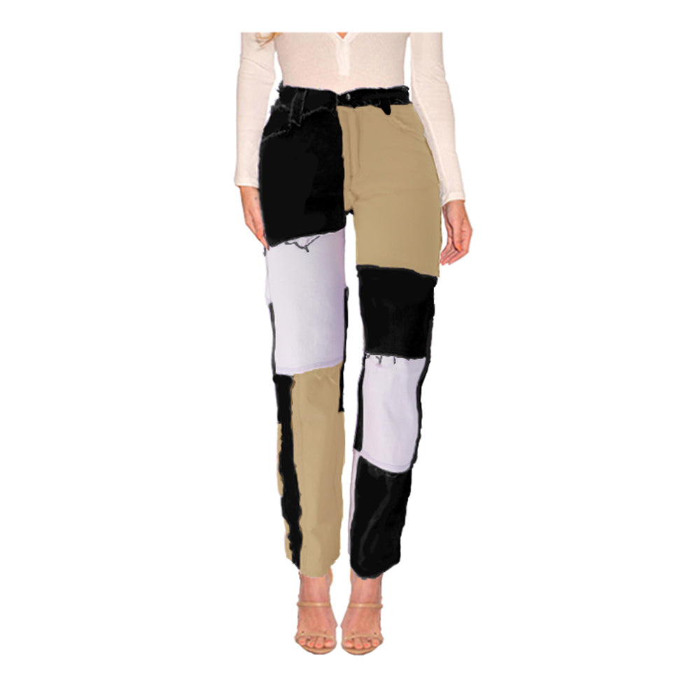 Mixed color paneled straight-leg denim trousers