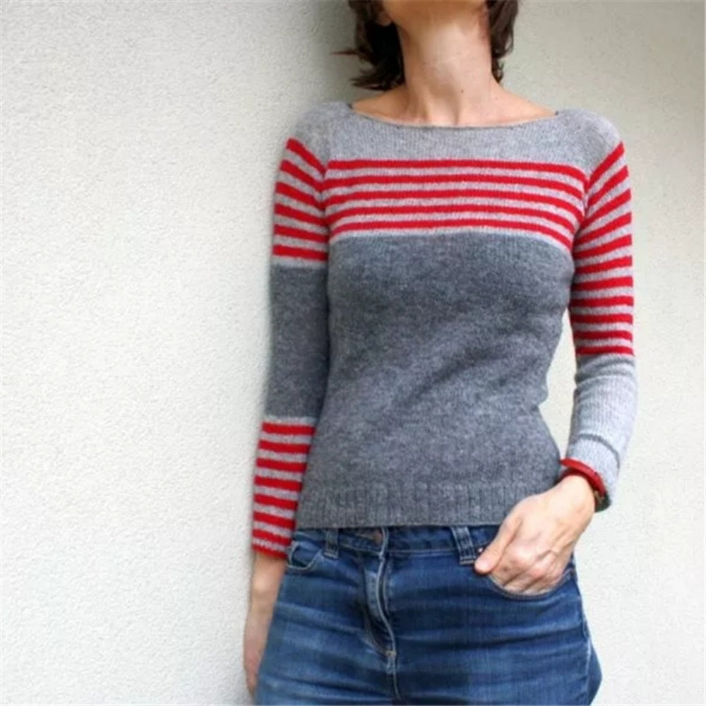 Round neck color block loose fashionable sweater