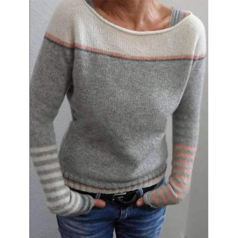 Round neck color block loose fashionable sweater