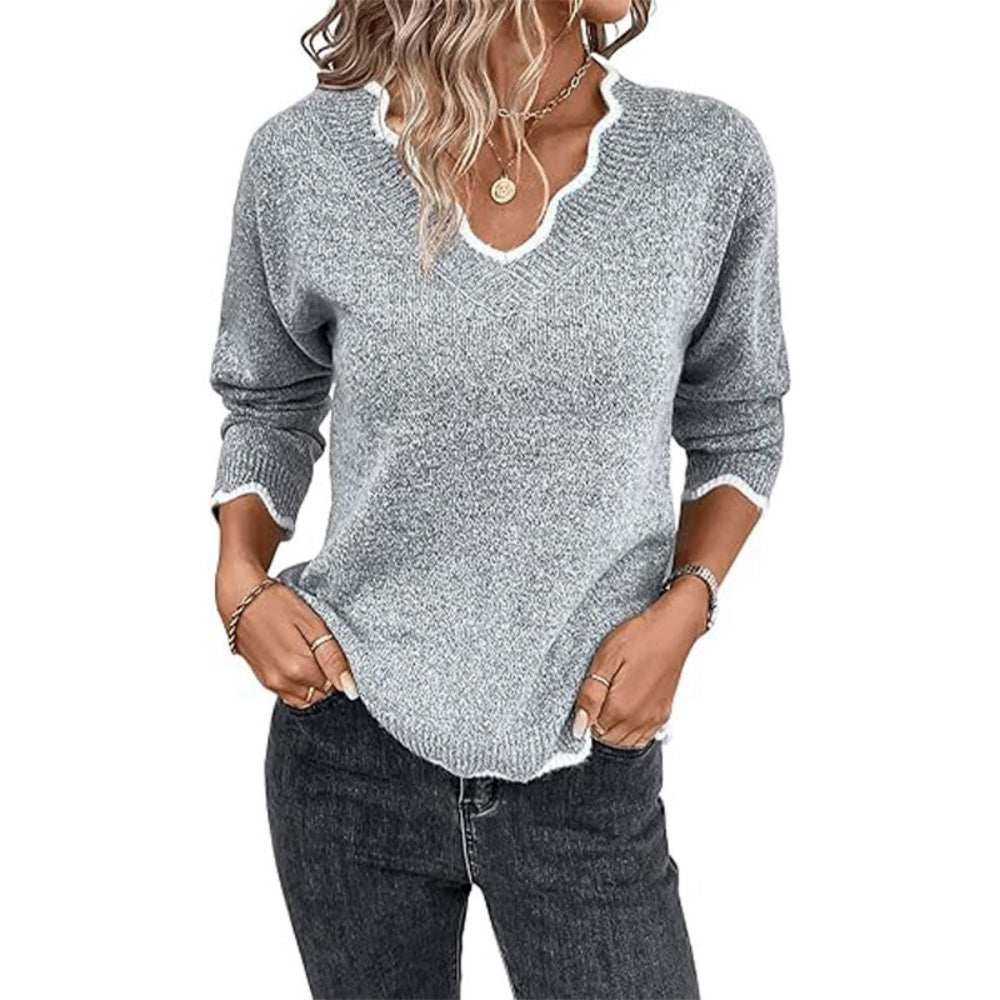 V-neck pullover long-sleeved sweater