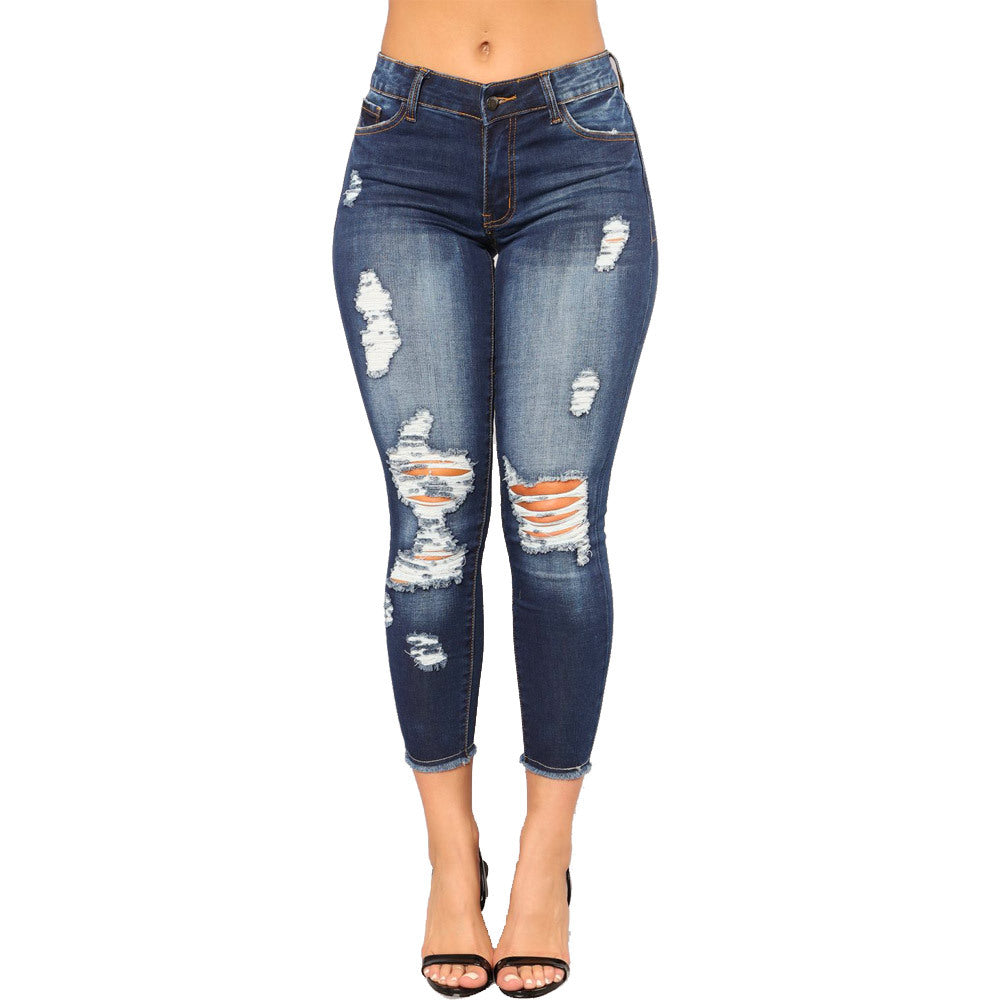 High elastic nine-point ripped women's tight butt lifting fashionable jeans