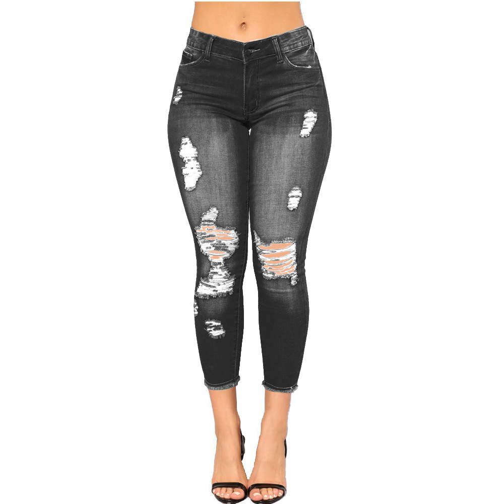 High elastic nine-point ripped women's tight butt lifting fashionable jeans