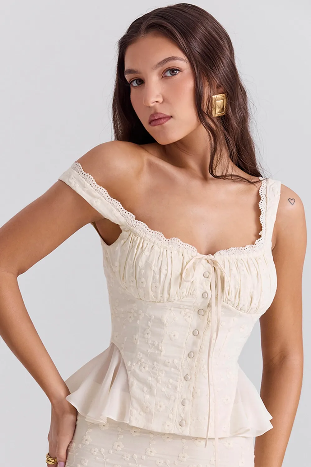 VINTAGE CREAM COTTON BRODERIE ANGLAIS MAXI SKIRT SET (TOP+SKIRT)