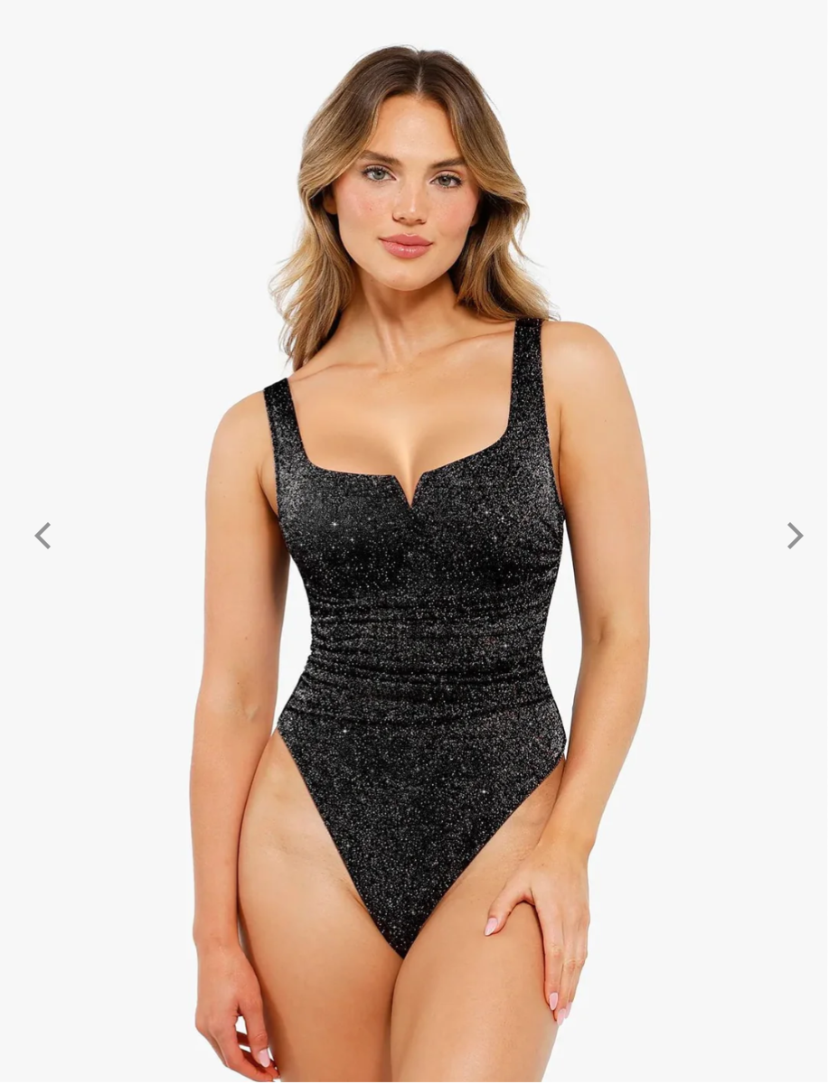 Shapewear Ruched Metallic Knit Square Neck Slimming Bodysuit
