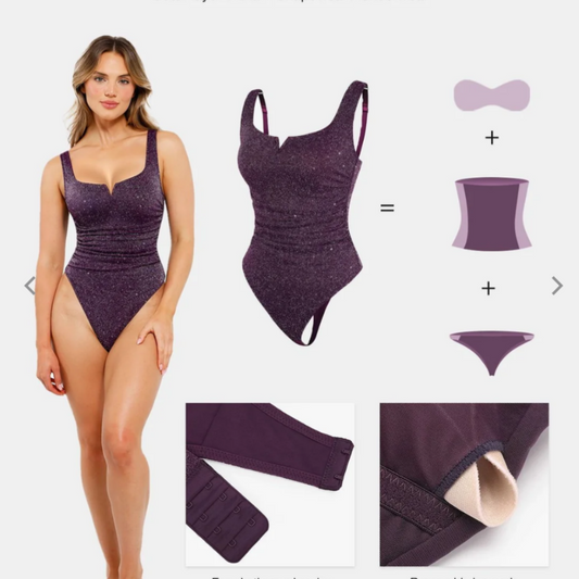 Shapewear Ruched Metallic Knit Square Neck Slimming Bodysuit