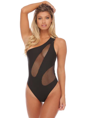 Kara Mesh One Shouder One Piece Swimsuit - My Private Jet Black